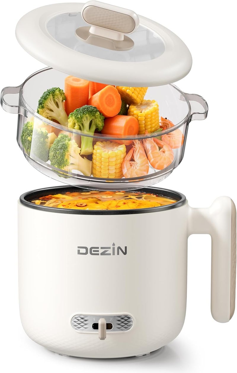 DEZIN Electric Pot with Steamer, 1.8L Dual Power Ramen Cooker, Portable Non-Stick Hot Pot Electric for Soup, Pasta, Egg, Oatmeal, Overheat & Boil-Dry Protection, Ideal for Dorm, Office(Beige) - Image 1